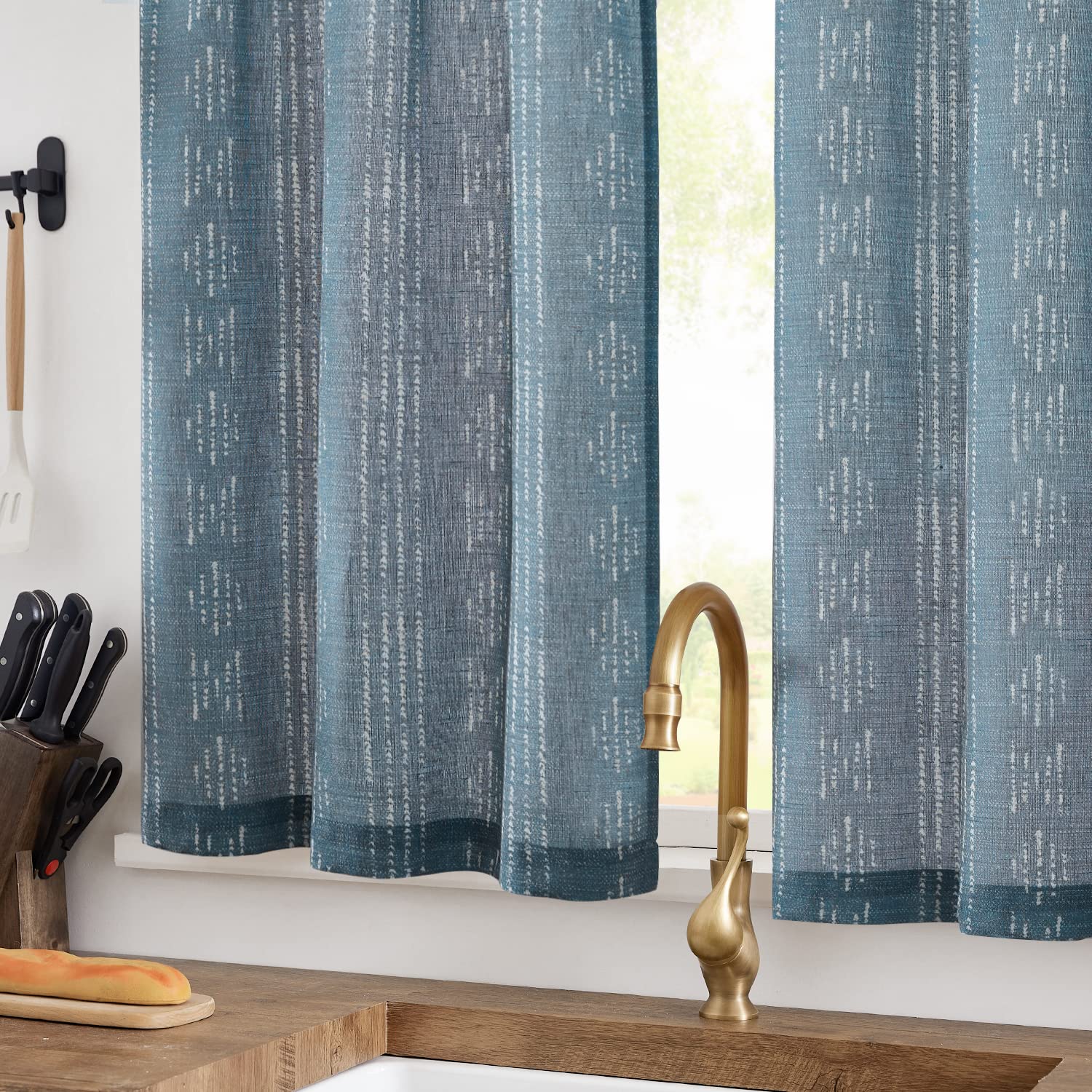Jinchan Boho Kitchen Curtains Linen Tier Curtains 36 Inch Bohemian Cafe Curtains Geometric Striped Small Window Curtains Light Filtering Farmhouse Country Rustic For Rv Bathroom 2 Panels Blue